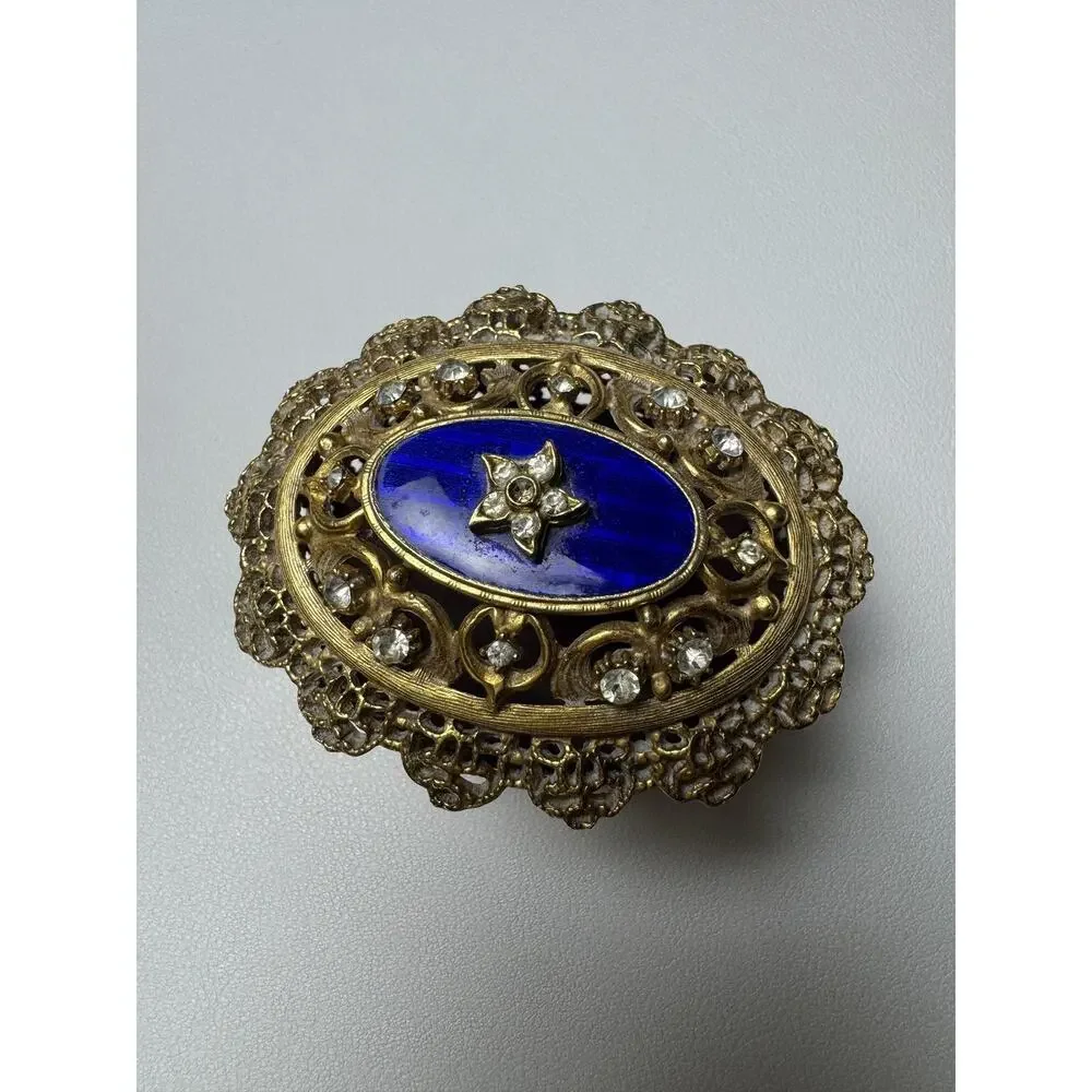 Vintage Florenza Jeweled Filigree Trinket Box Cobalt Blue Enamel Footed Oval